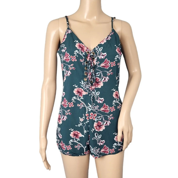 Forever 21 Hunter Green Floral Lace Up Romper - Picture 4 of 5